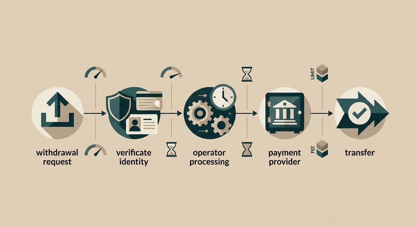 Ilustracja etapów wypłaty od zlecenia przez KYC i przetwarzanie do dostarczenia środków