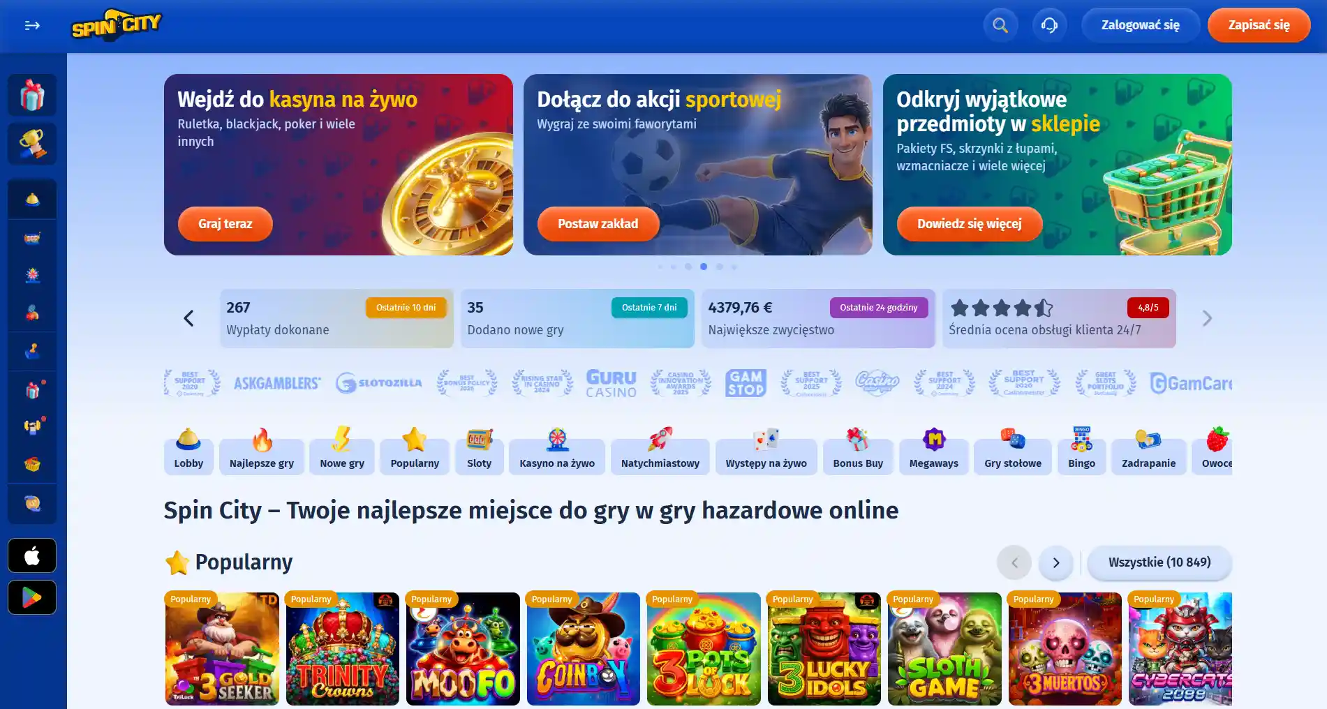 Aktualny widok oficjalnej strony SpinCity z podstawową nawigacją